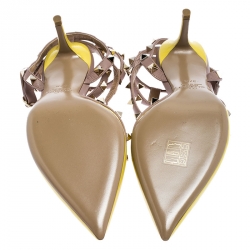 Pre Owned Valentino Yellow Patent Leather And Beige Leather Rockstud Ankle Strap Sandals Size 37.5