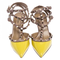 Pre Owned Valentino Yellow Patent Leather And Beige Leather Rockstud Ankle Strap Sandals Size 37.5