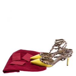 Pre Owned Valentino Yellow Patent Leather And Beige Leather Rockstud Ankle Strap Sandals Size 37.5