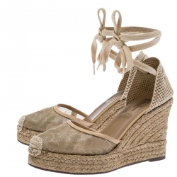 Pre Owned Valentino Beige Lace And Canvas Espadrille Wedges Sandals Size 38