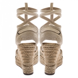 Pre Owned Valentino Beige Lace And Canvas Espadrille Wedges Sandals Size 38