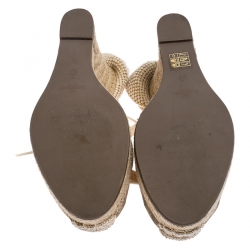 Pre Owned Valentino Beige Lace And Canvas Espadrille Wedges Sandals Size 38