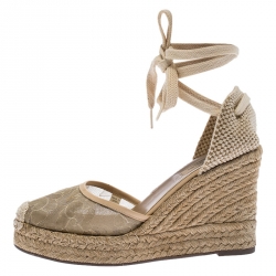 Pre Owned Valentino Beige Lace And Canvas Espadrille Wedges Sandals Size 38