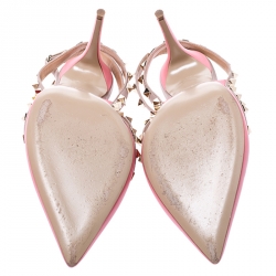 Pre Owned Valentino Pink/ Beige Leather Rockstud Ankle Strap Sandals Size 40.5