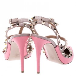 Pre Owned Valentino Pink/ Beige Leather Rockstud Ankle Strap Sandals Size 40.5