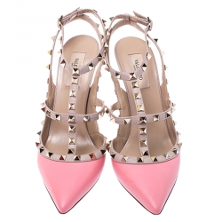 Pre Owned Valentino Pink/ Beige Leather Rockstud Ankle Strap Sandals Size 40.5