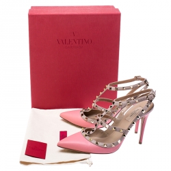 Pre Owned Valentino Pink/ Beige Leather Rockstud Ankle Strap Sandals Size 40.5
