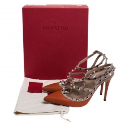 Pre Owned Valentino Orange/Beige Leather Rockstud Ankle Strap Sandals Size 41