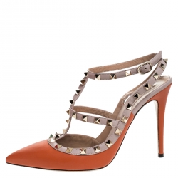Valentino Orange/Beige Leather Rockstud Ankle Strap Sandals Size 41