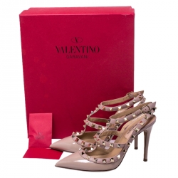 Pre Owned Valentino Beige Patent Leather Rockstud Cage Sandals Size 35.5