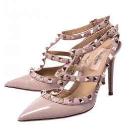 Pre Owned Valentino Beige Patent Leather Rockstud Cage Sandals Size 35.5