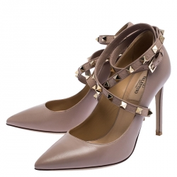 Pre Owned Valentino Beige Leather Rockstud Trim Ankle Wrap Pointed Toe Pumps Size 36