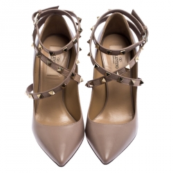 Pre Owned Valentino Beige Leather Rockstud Trim Ankle Wrap Pointed Toe Pumps Size 36