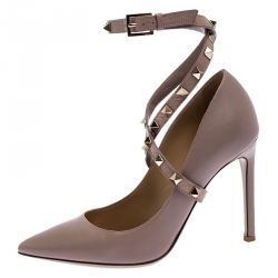 Pre Owned Valentino Beige Leather Rockstud Trim Ankle Wrap Pointed Toe Pumps Size 36