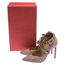 Pre Owned Valentino Beige Leather Rockstud Trim Ankle Wrap Pointed Toe Pumps Size 36