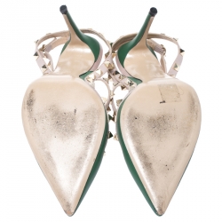 Pre Owned Valentino Green/Beige Leather Rockstud Ankle Strap Cage Sandals Size 41