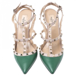 Pre Owned Valentino Green/Beige Leather Rockstud Ankle Strap Cage Sandals Size 41
