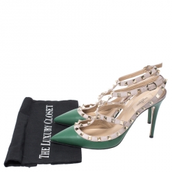 Pre Owned Valentino Green/Beige Leather Rockstud Ankle Strap Cage Sandals Size 41