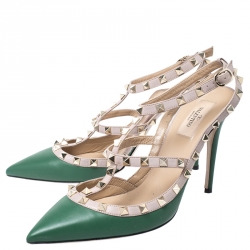 Pre Owned Valentino Green/Beige Leather Rockstud Ankle Strap Cage Sandals Size 41