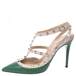 Pre Owned Valentino Green/Beige Leather Rockstud Ankle Strap Cage Sandals Size 41