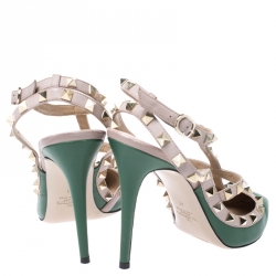 Pre Owned Valentino Green/Beige Leather Rockstud Ankle Strap Cage Sandals Size 41