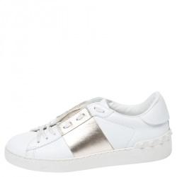 Pre Owned Valentino White/Gold Leather Flycrew Lace Up Sneakers Size 38