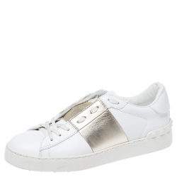 Pre Owned Valentino White/Gold Leather Flycrew Lace Up Sneakers Size 38
