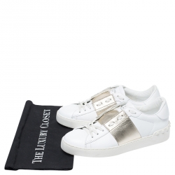 Pre Owned Valentino White/Gold Leather Flycrew Lace Up Sneakers Size 38