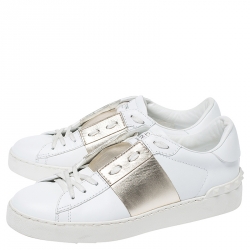 Pre Owned Valentino White/Gold Leather Flycrew Lace Up Sneakers Size 38
