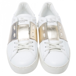 Pre Owned Valentino White/Gold Leather Flycrew Lace Up Sneakers Size 38