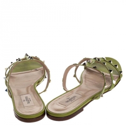 Pre Owned Valentino Green Leather Rockstud Cage Flat Slides Size 40