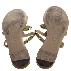 Pre Owned Valentino Green Leather Rockstud Cage Flat Slides Size 40