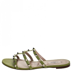 Pre Owned Valentino Green Leather Rockstud Cage Flat Slides Size 40
