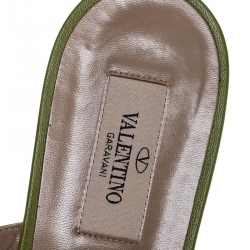 Pre Owned Valentino Green Leather Rockstud Cage Flat Slides Size 40