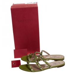 Pre Owned Valentino Green Leather Rockstud Cage Flat Slides Size 40