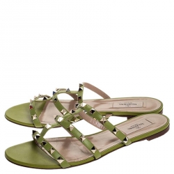 Pre Owned Valentino Green Leather Rockstud Cage Flat Slides Size 40