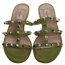 Pre Owned Valentino Green Leather Rockstud Cage Flat Slides Size 40