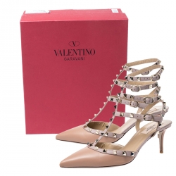 Pre Owned Valentino Beige Leather Rockstud Ankle Strap Pointed Toe Cage Sandals Size 40
