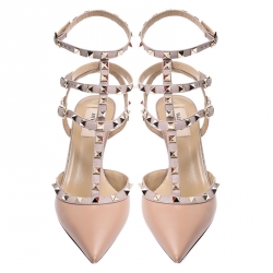 Pre Owned Valentino Beige Leather Rockstud Ankle Strap Pointed Toe Cage Sandals Size 40