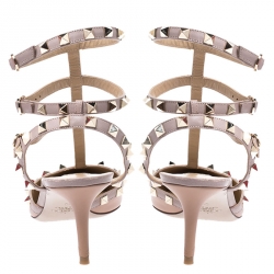 Pre Owned Valentino Beige Leather Rockstud Ankle Strap Pointed Toe Cage Sandals Size 40