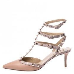 Pre Owned Valentino Beige Leather Rockstud Ankle Strap Pointed Toe Cage Sandals Size 40