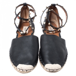 Pre Owned Valentino Black Leather Rockstud Espadrilles Ankle Strap Flats Size 40