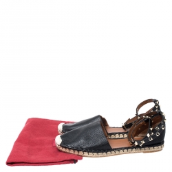 Pre Owned Valentino Black Leather Rockstud Espadrilles Ankle Strap Flats Size 40