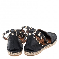 Pre Owned Valentino Black Leather Rockstud Espadrilles Ankle Strap Flats Size 40