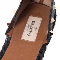 Pre Owned Valentino Black Leather Rockstud Espadrilles Ankle Strap Flats Size 40