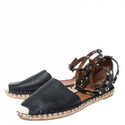 Pre Owned Valentino Black Leather Rockstud Espadrilles Ankle Strap Flats Size 40
