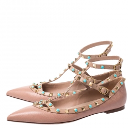 Pre Owned Valentino Beige Leather T Strap Rockstud Ballet Flats Size 40