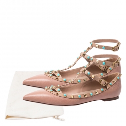 Pre Owned Valentino Beige Leather T Strap Rockstud Ballet Flats Size 40