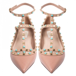 Pre Owned Valentino Beige Leather T Strap Rockstud Ballet Flats Size 40