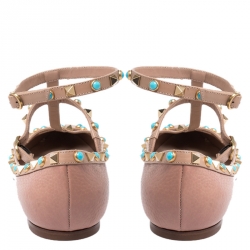 Pre Owned Valentino Beige Leather T Strap Rockstud Ballet Flats Size 40